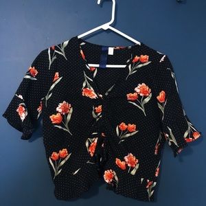 Floral polka dot tie adjustable flowy blouse